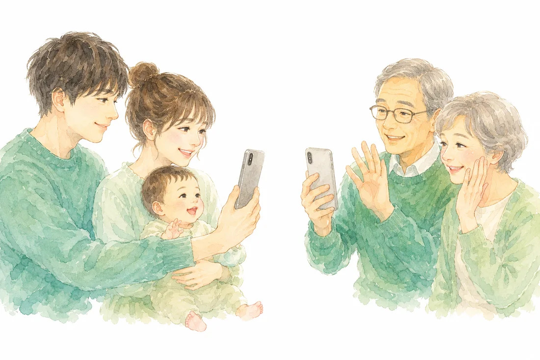 スマホ越しに祖父母とつながる家族のイラスト