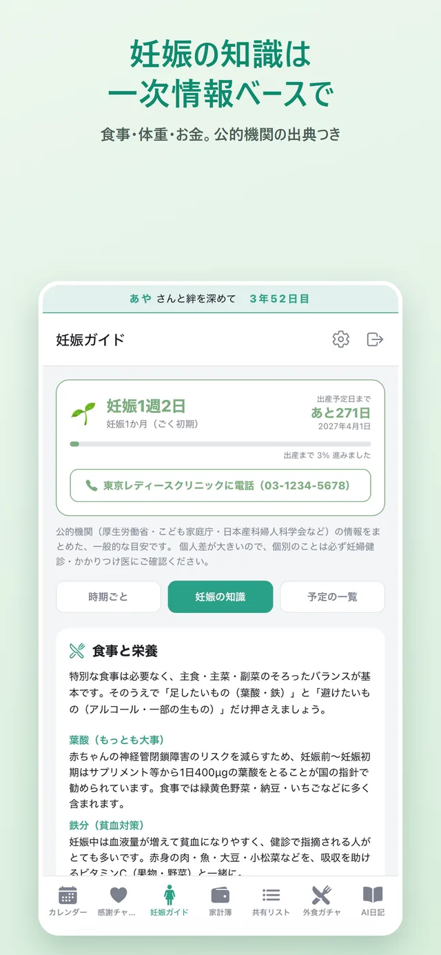 Bondiアプリの画面：一次情報の出典つき妊娠の知識
